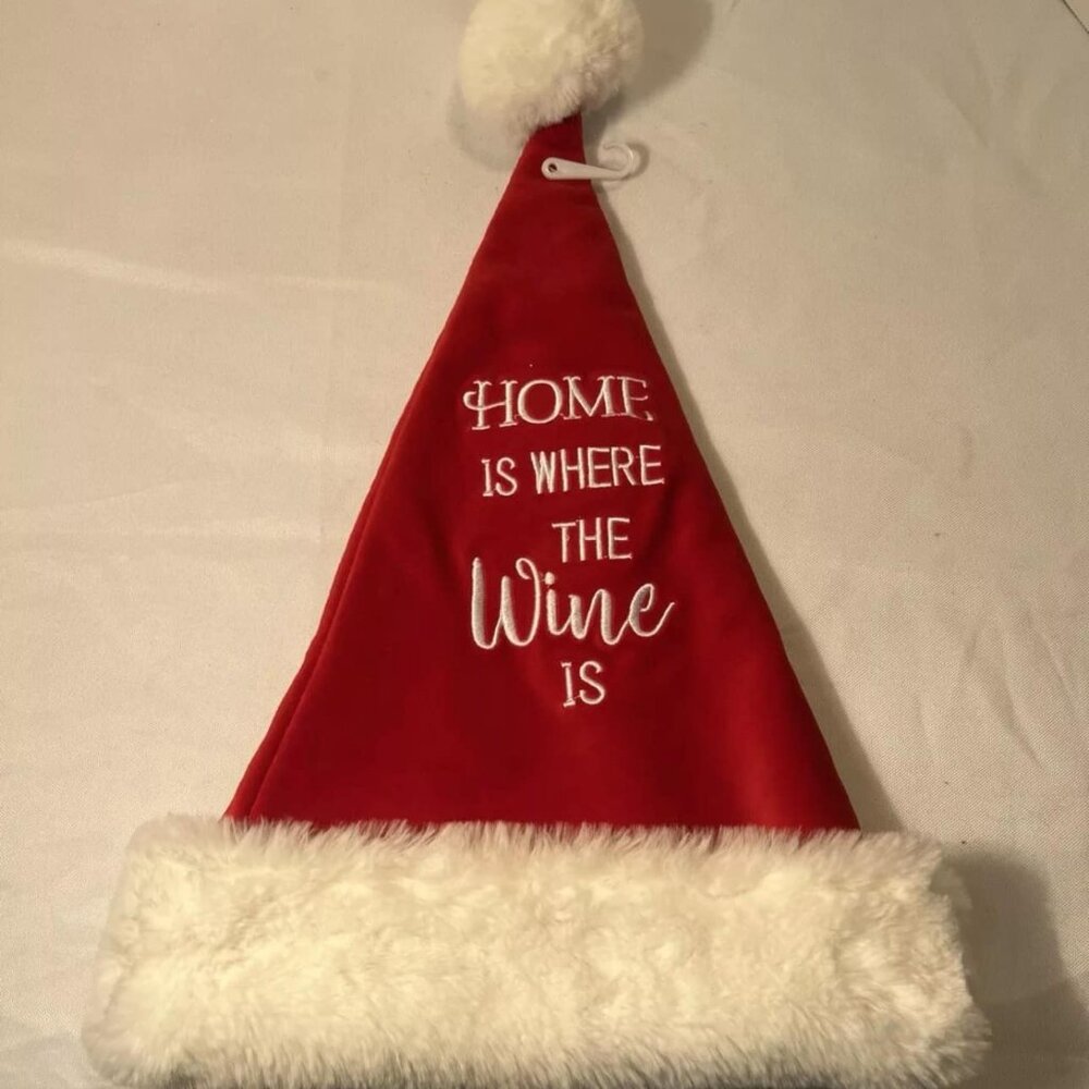 CHRISTMAS ADULT SANTA HAT, HOME IS WHERE THE WINE IS, NEW.